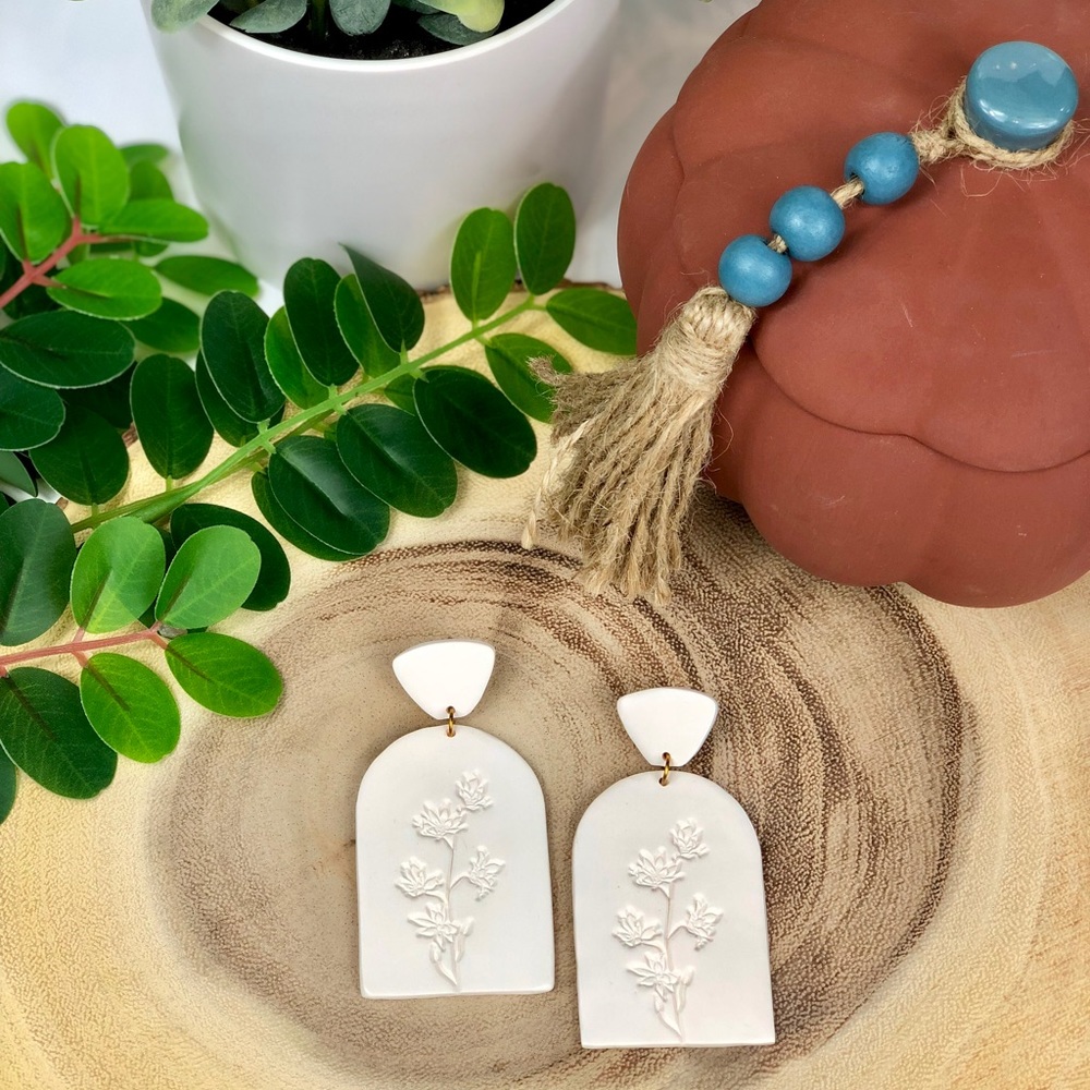 White Floral Embossed Statement Dangle Earrings